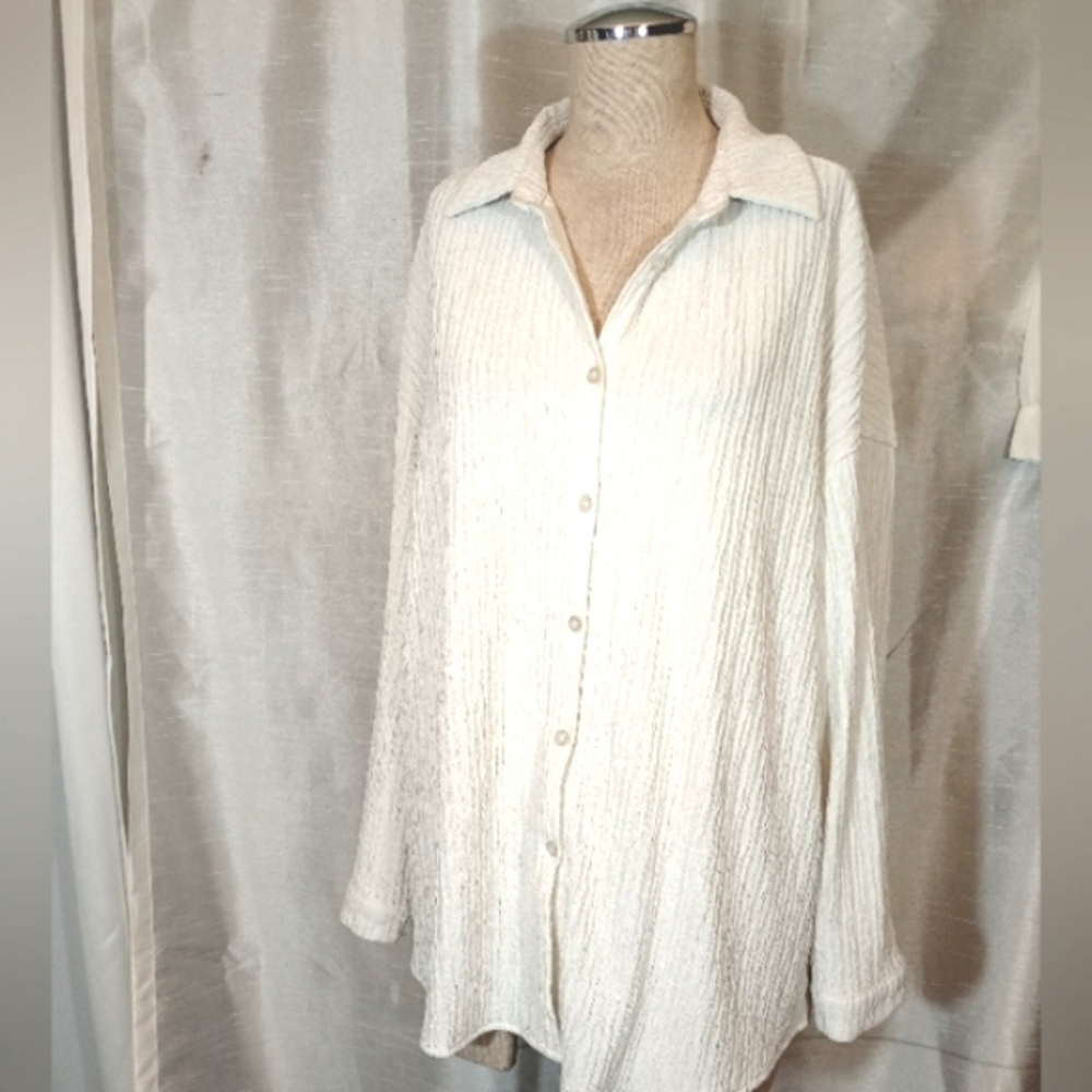 Button Down Blouse, Women, White, Collar, Textured/Ribbed, Wrinkle Free,  XL